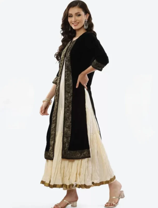 Golden Anarkali Velvet Kurta Set