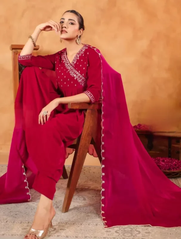 Magenta Pink Anarkali Velvet Kurta Set